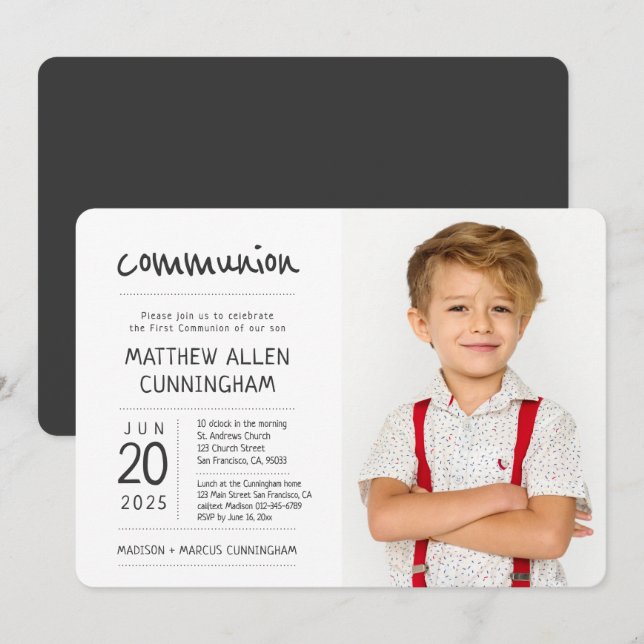 First Communion Boy | Modern + Enkel foto Inbjudningar (Fram/baksida)