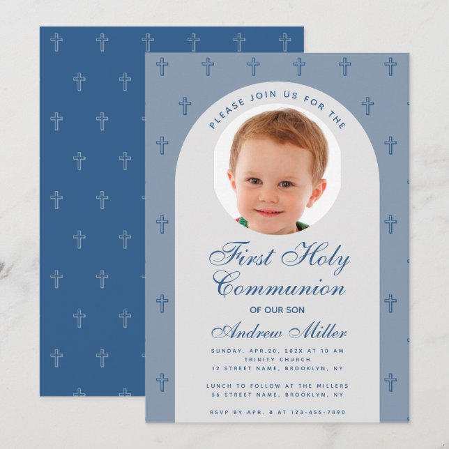 First Communion Boy Photo Dusty Blue Arch Modern Inbjudningar (Fram/baksida)