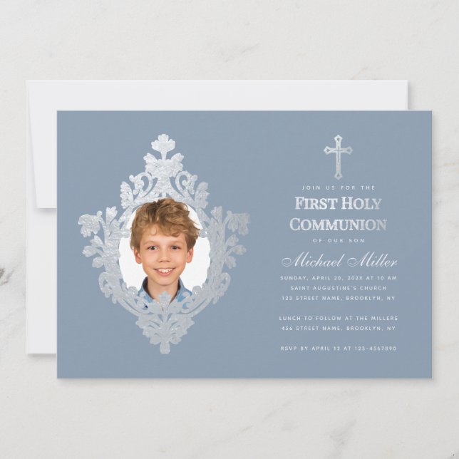 First Communion Boy Photo Dusty Blue Faux Silver Inbjudningar (Framsida)