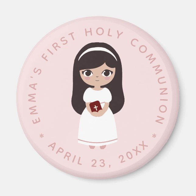 First Communion Brunette Girl Rosa Cute Catholique Magnet (Framsidan)