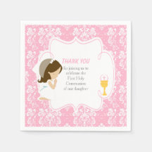 First Communion Brunette Girl Rosa Damask