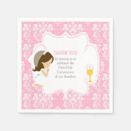 First Communion Brunette Girl Rosa Damask Pappersservett