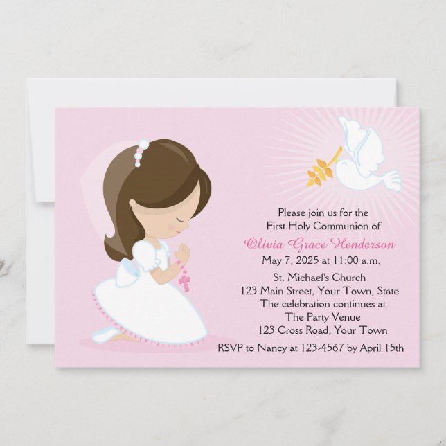 First Communion, Brunette Girl, Rosa Inbjudningar (Framsida)
