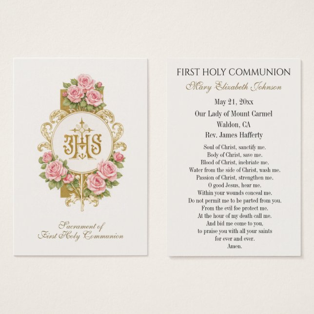 First Communion Catholic Remembrance Holy Card Visitkort (Framsida & baksida)