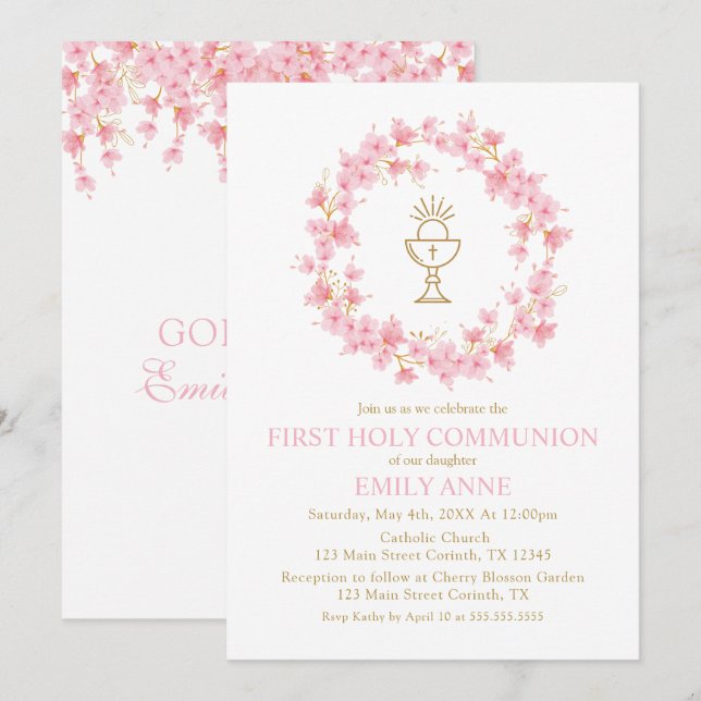 First Communion Cherry Blossom floral Invitation  Inbjudningar (Fram/baksida)