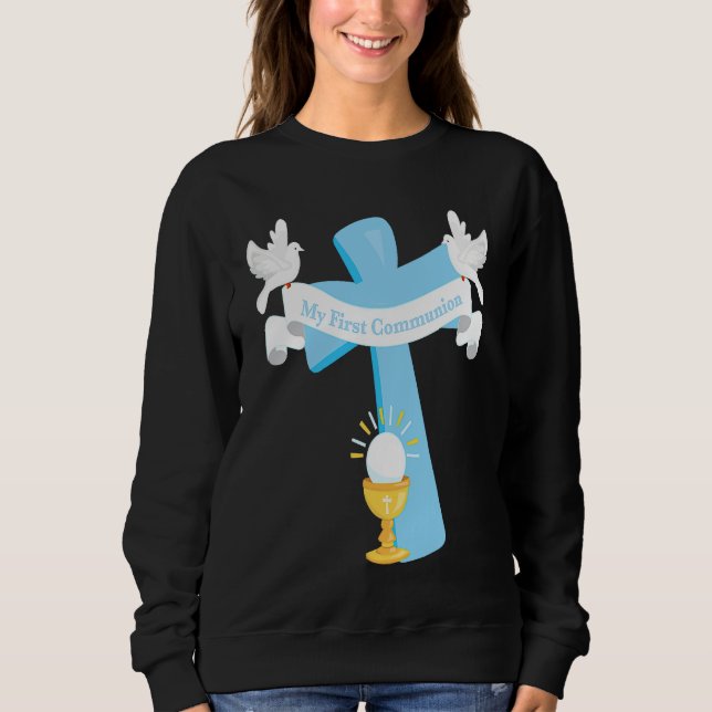 First Communion Cross Blue Grandson Boys Christian T Shirt (Framsida)