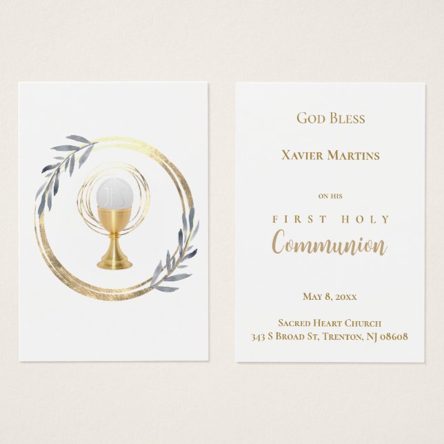 First Communion dusty blue leaves remembrance card Visitkort (Framsida & baksida)