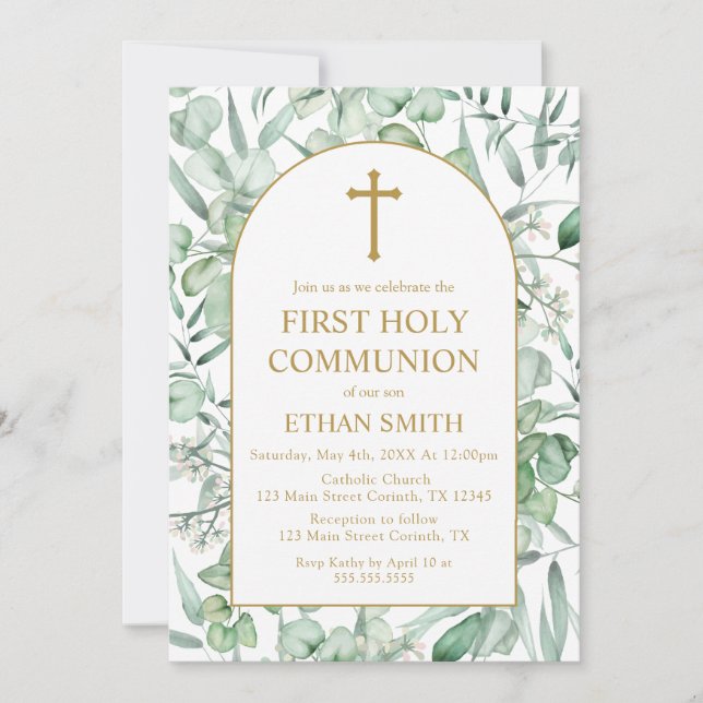 First Communion Eucalyptus leaves Invitation Inbjudningar (Framsida)