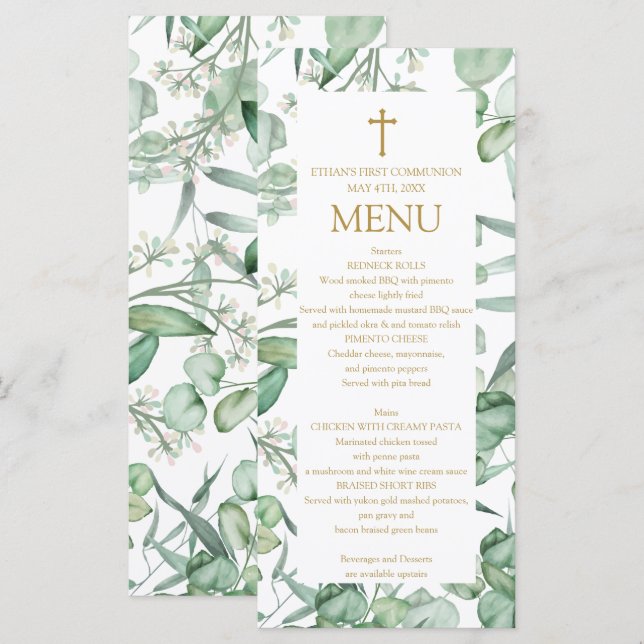 First Communion Eucalyptus leaves Menu  Meny (Fram/baksida)