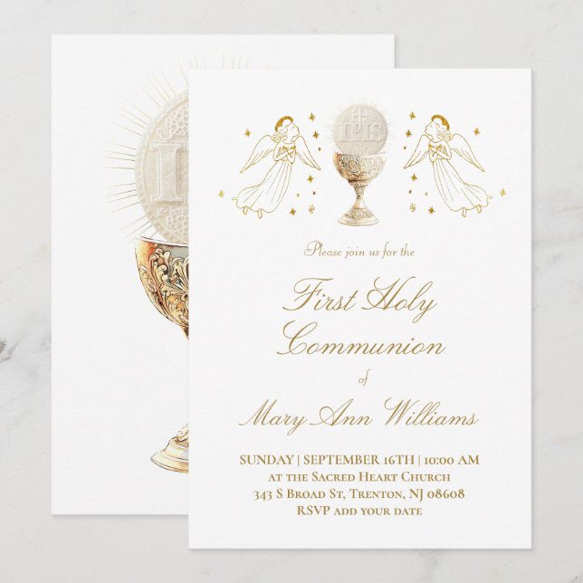 First Communion Eucharist golden angels Invitation Inbjudningar (Fram/baksida)