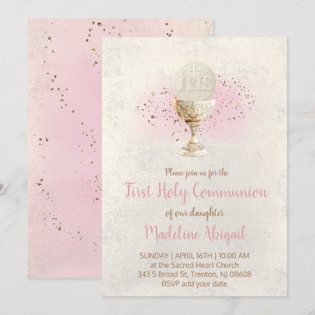 first communion  FAUX glitter and pink watercolor Inbjudningar (Fram/baksida)