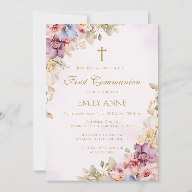 First Communion Floral Orchids Invitation Inbjudningar (Framsida)