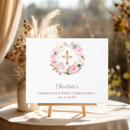 First Communion floral wreath pink girl Gästböcker