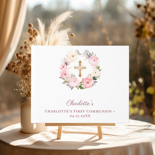 First Communion floral wreath pink girl Gästböcker (Skapare uppladdad)