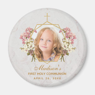 First Communion Girl Photo Blommigt Guld Rosa Orch Magnet