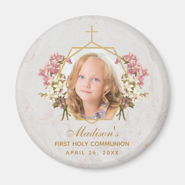 First Communion Girl Photo Blommigt Guld Rosa Orch Magnet (Framsidan)