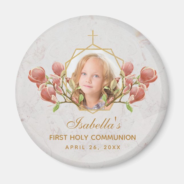 First Communion Girl Photo Blommigt Rosa Magnolia Magnet (Framsidan)