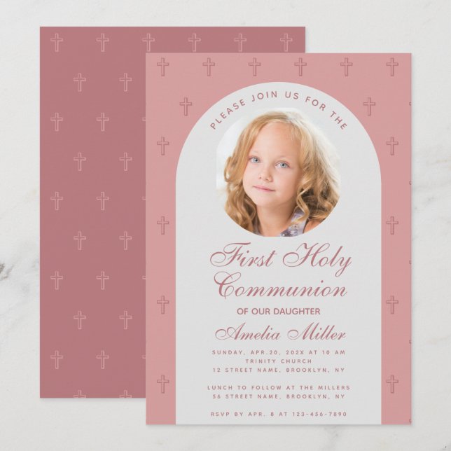 First Communion Girl Photo Dusty Ro Arch Modern Inbjudningar (Fram/baksida)