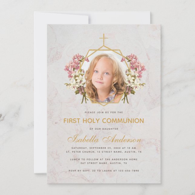 First Communion Girl Photo Rosa Orchid Marble Guld Inbjudningar (Framsida)