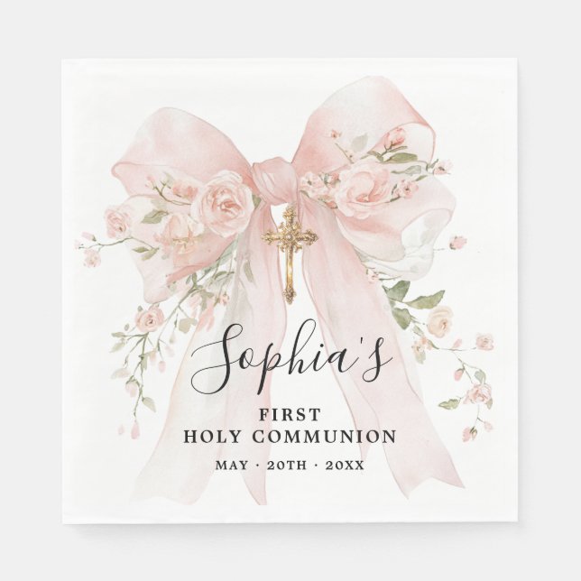 First Communion Girl Pink Bow Roses Custom Pappersservett (Framsidan)