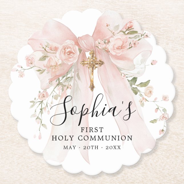 First Communion Girl Pink Bow Roses Custom Underlägg Papper (Framsida)