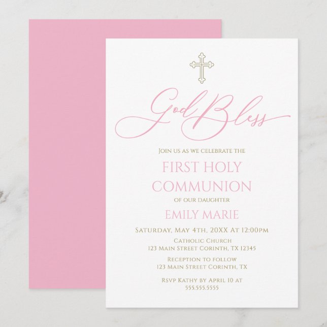 First Communion God Bless pink Invitation Inbjudningar (Fram/baksida)