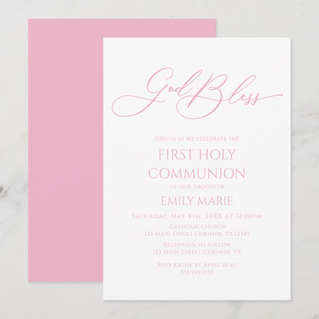 First Communion God Bless pink Invitation Inbjudningar (Fram/baksida)