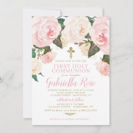 First Communion Invite, Pink Floral Gold Inbjudningar