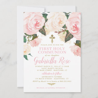 First Communion Invite, Pink Floral Gold Inbjudningar