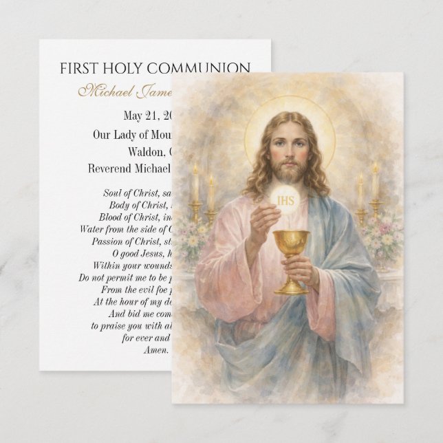 First Communion Jesus Eucharist Keepsake Prayer Meddelande (Fram/baksida)