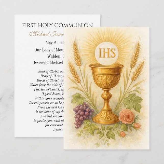 First Communion Keepsake Eucharistic Chalice Card Meddelande (Fram/baksida)