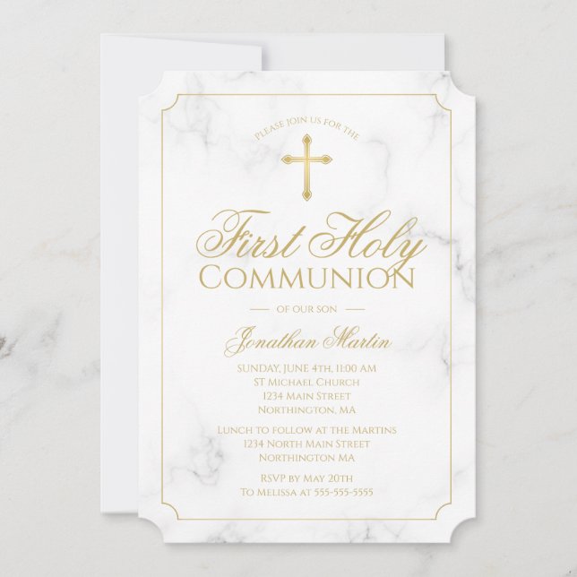 First Communion Marble Elegant Guld Script Boy Boy Inbjudningar (Framsida)