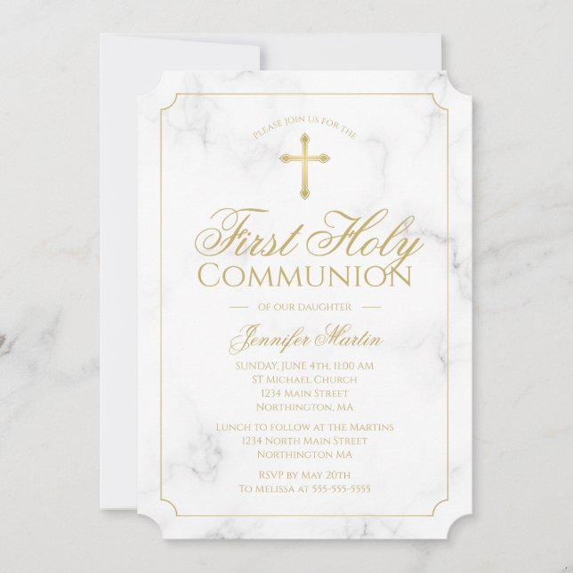 First Communion Marble Elegant Guld Script Girl Inbjudningar (Framsida)