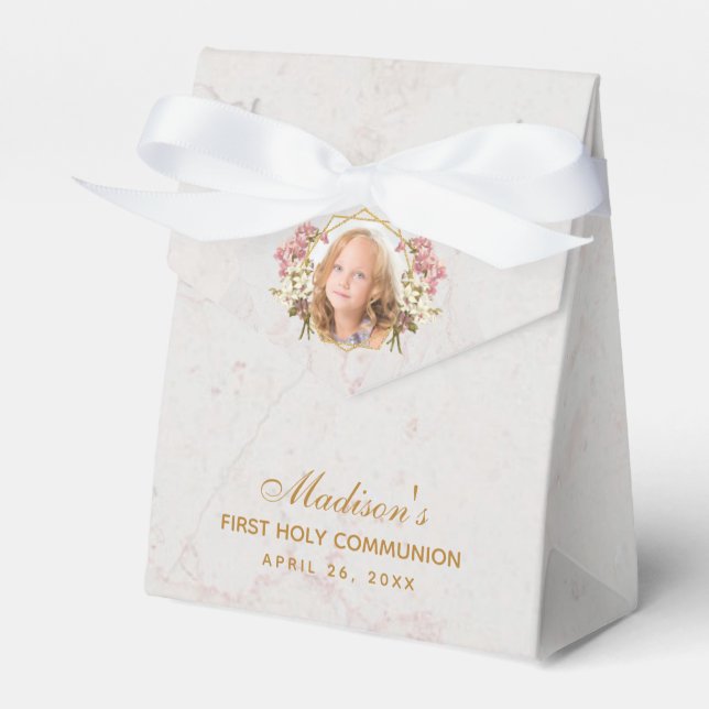 First Communion Marble Girl Photo Rosa Orchid Guld Presentaskar (Framsidan Sidan)