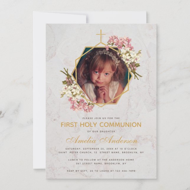 First Communion Photo Guld Marble Rosa Orchids Inbjudningar (Framsida)