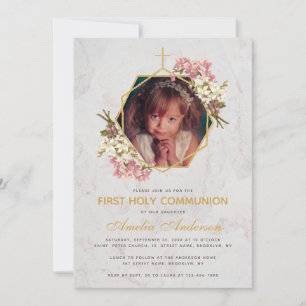 First Communion Photo Guld Marble Rosa Orchids Inbjudningar