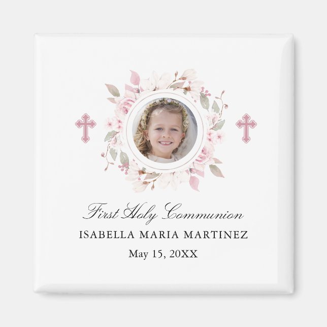 First Communion Photo Rosa Flower Kor Favor Magnet (Framsidan)