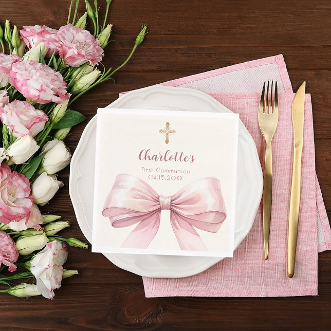 First Communion pink bow cream cross luncheon Pappersservett (Skapare uppladdad)