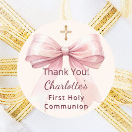 First Communion pink bow ivory cross thank you Runt Klistermärke