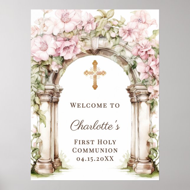 First Communion Pink Florals Arch Cross Welcome Poster (Framsidan)