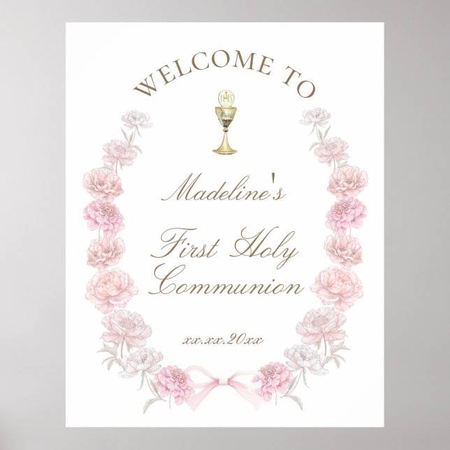 First Communion pink peonies welcome Poster (Framsidan)
