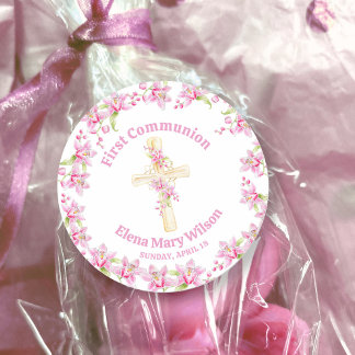 First Communion rosa orkidé akvarell Runt Klistermärke