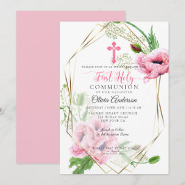 First Communion | Rosa Poppies och Foliage 2 Inbjudningar