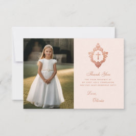 First Communion Rosa ros Guld Vapensköld Girl Phot Tack Kort
