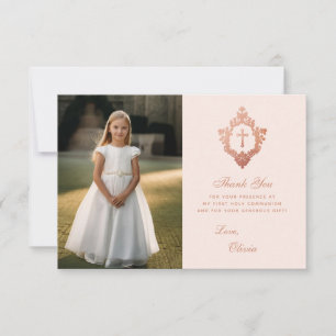 First Communion Rosa ros Guld Vapensköld Girl Phot Tack Kort