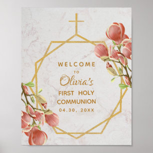 First Communion Välkommen Rosa Magnolia Guld Blomm Poster