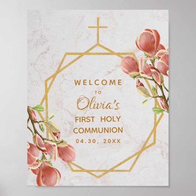 First Communion Välkommen Rosa Magnolia Guld Blomm Poster (Framsidan)
