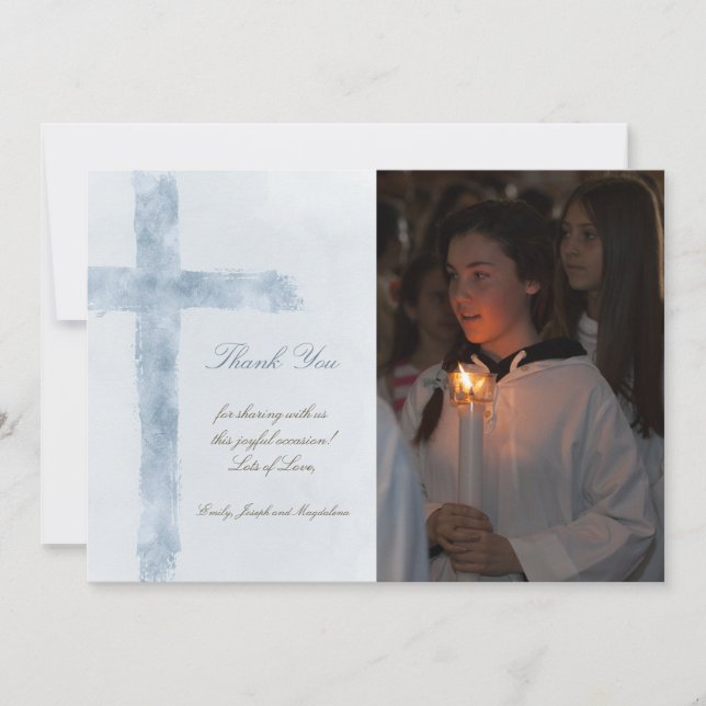 First Communion vattenfärg blå kors tack Inbjudningar (Framsida)