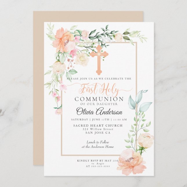 First Communion |Vattenfärg Pastel Vår Flower 2 Inbjudningar (Fram/baksida)