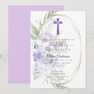 FIRST COMMUNION Violet Anemone Blommigt Kor 2 Inbjudningar